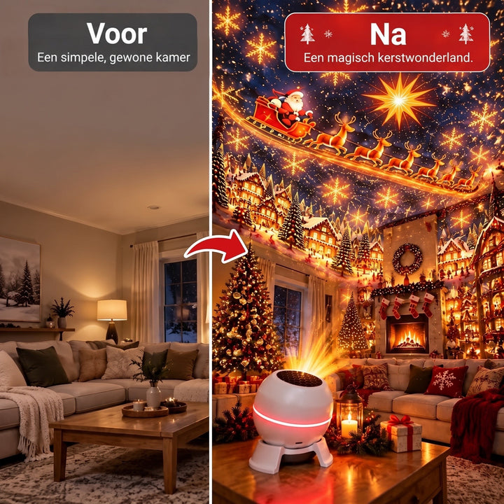 Vergelijking van dezelfde woonkamer: links met gewone verlichting, rechts met de projector die de kamer in een kerstwereld verandert. 3