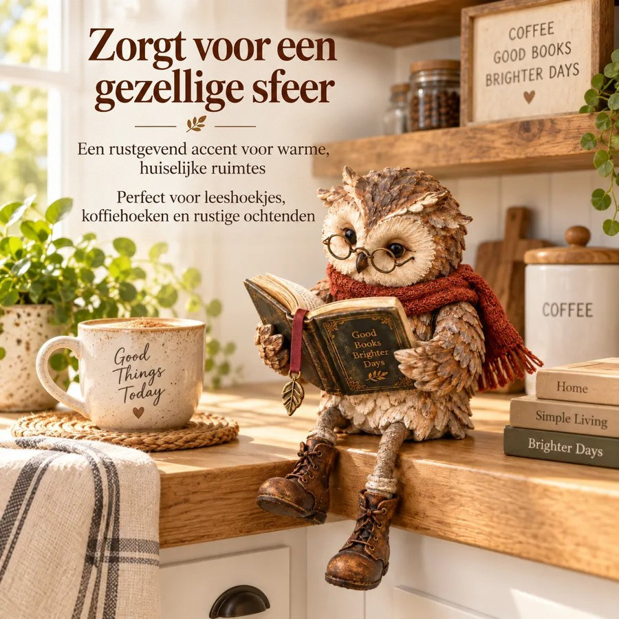 Uilbeeldje met bril en boek zit op een houten keukenblad naast een koffiemok, een voorraadpot en een stapeltje boeken. 6