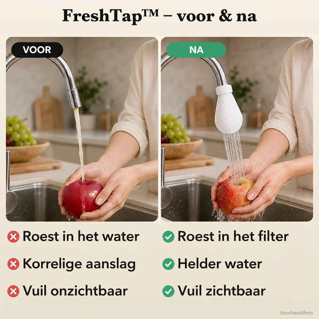 Voor-en-nagelijking: handen wassen een appel onder een kraan zonder filter links en met wit filterzakje rechts. 9