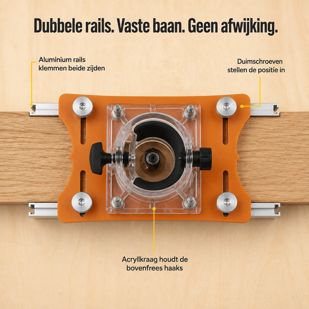 Bovenaanzicht van de oranje mal met twee aluminium rails, vier duimschroeven en een helder acryl frees-opzetstuk op een houten balk. 3
