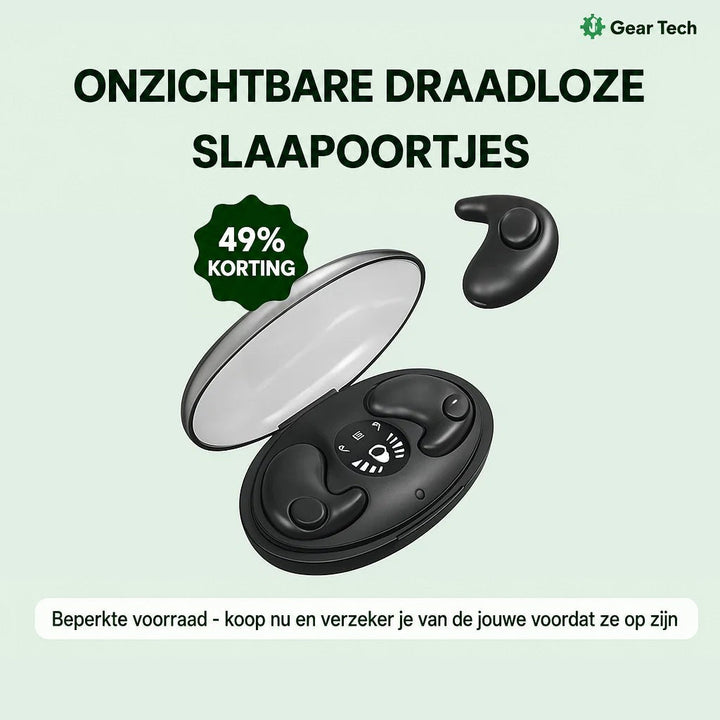 Productfoto van twee zwarte oordopjes in open laadcase met display, een derde dopje ernaast en kortingsbadge 8