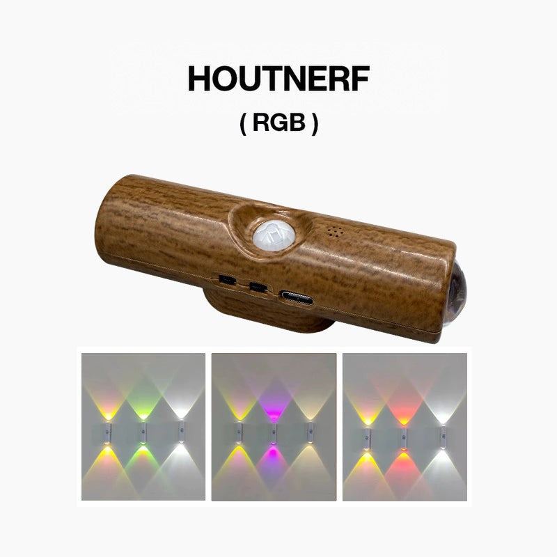 Wandlamp met houtnerflook en sensor, met onderaan drie voorbeelden van rgb-licht in geel, groen, paars en rood 6