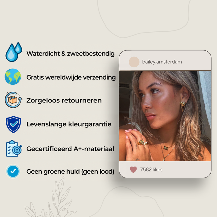 Collage met een vrouw die de gouden hartoorbel draagt in een socialemediakader, naast een lijst met voordelen en pictogrammen. 5