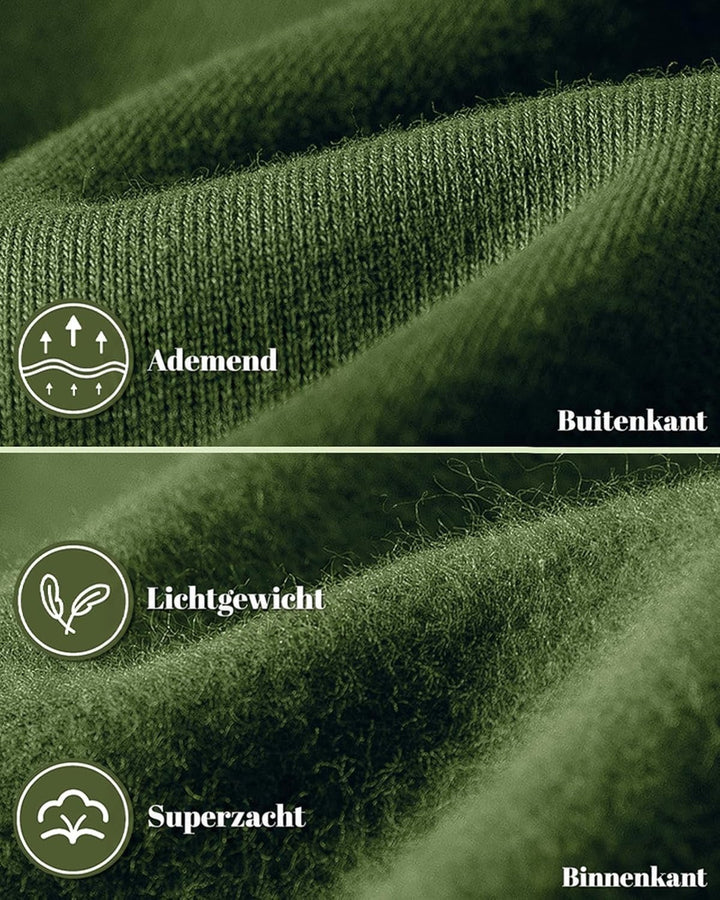 Close-up van de groene stof: gebreide buitenkant en zachte fleece binnenkant met pictogrammen voor ademend, licht en zacht 17