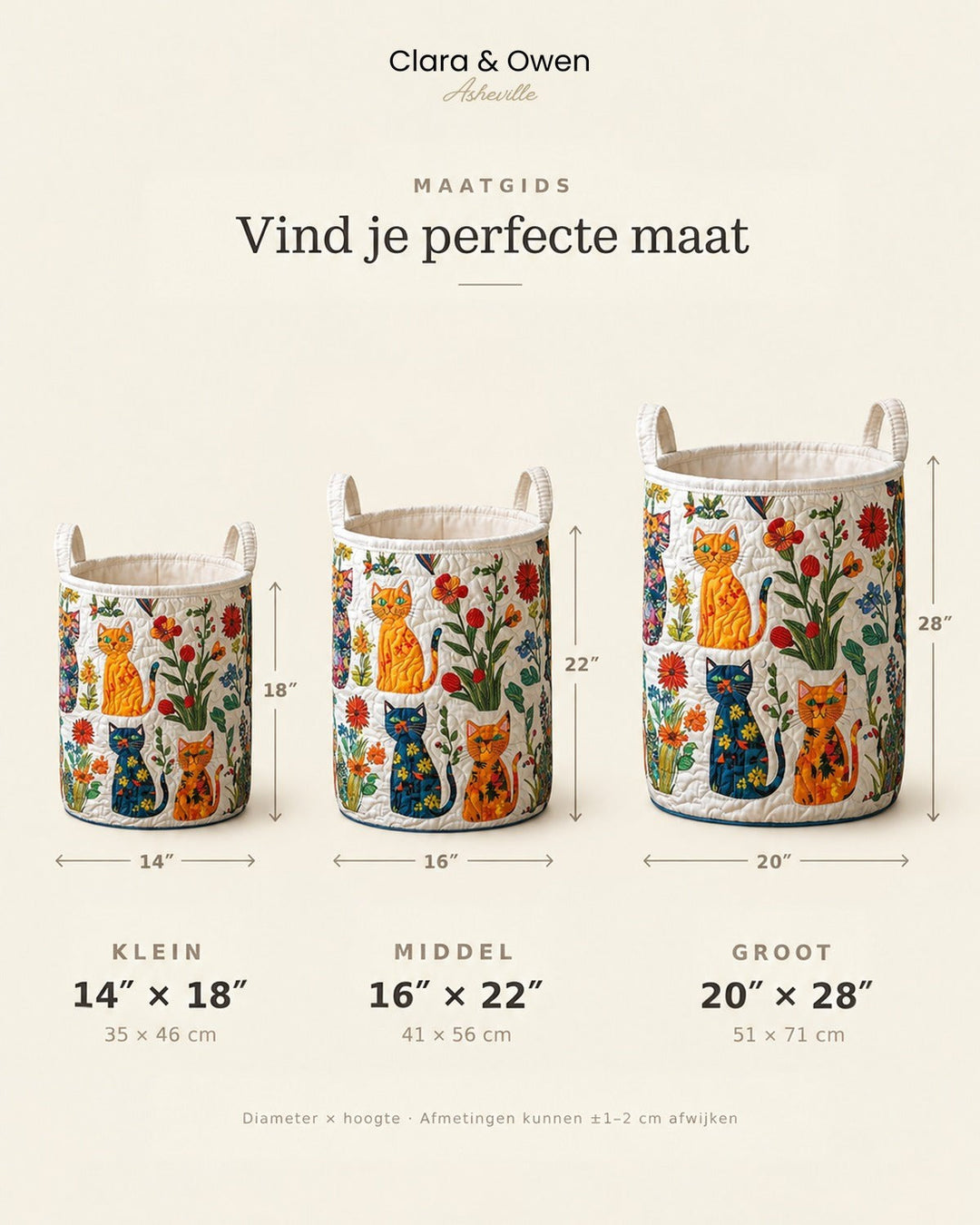 Maatoverzicht met drie manden naast elkaar in klein, middel en groot, met afmetingen in inches en centimeters. 5