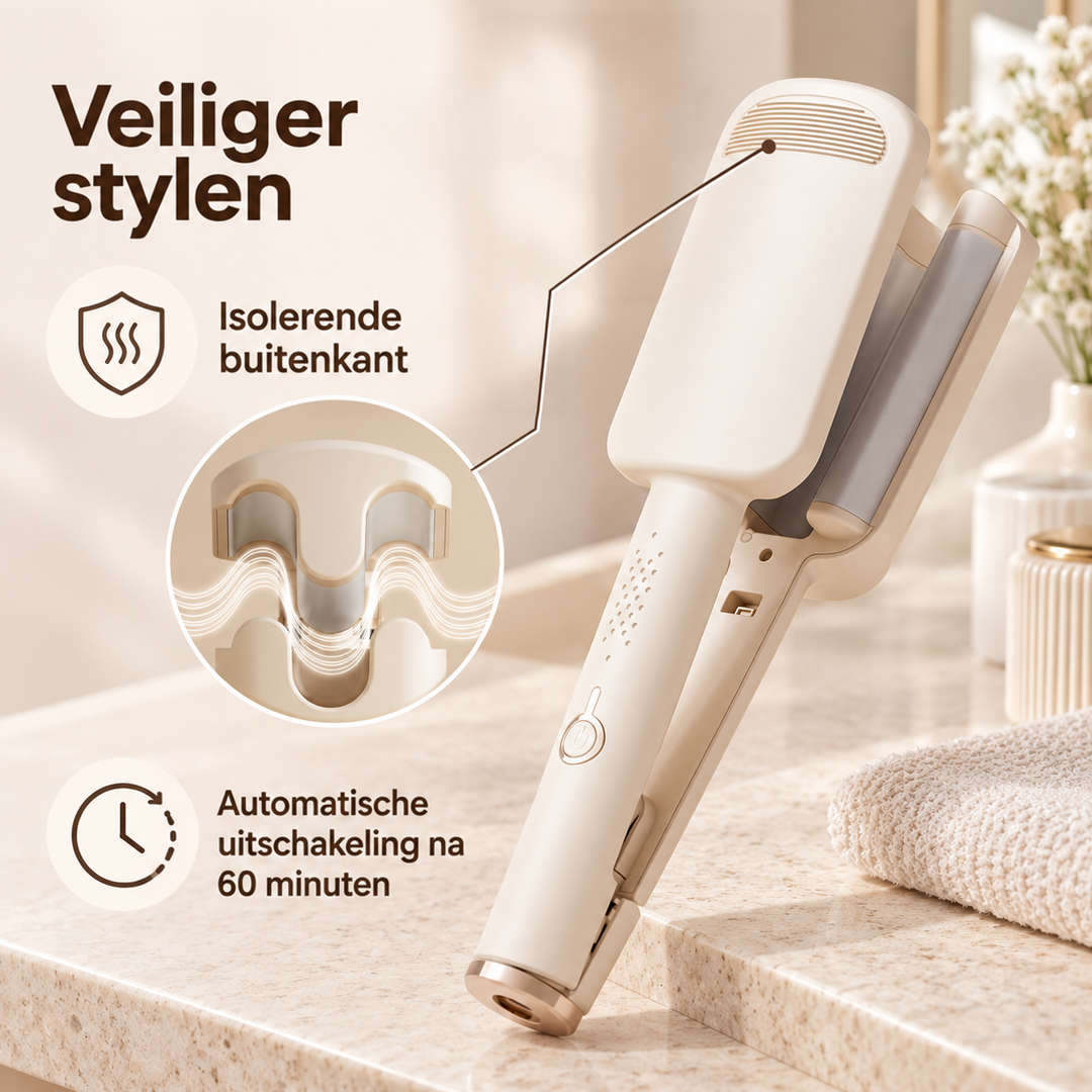 Beige golfijzer op een stenen aanrecht met een uitvergrote doorsnede van het warmte-isolerende buitenste gedeelte 13