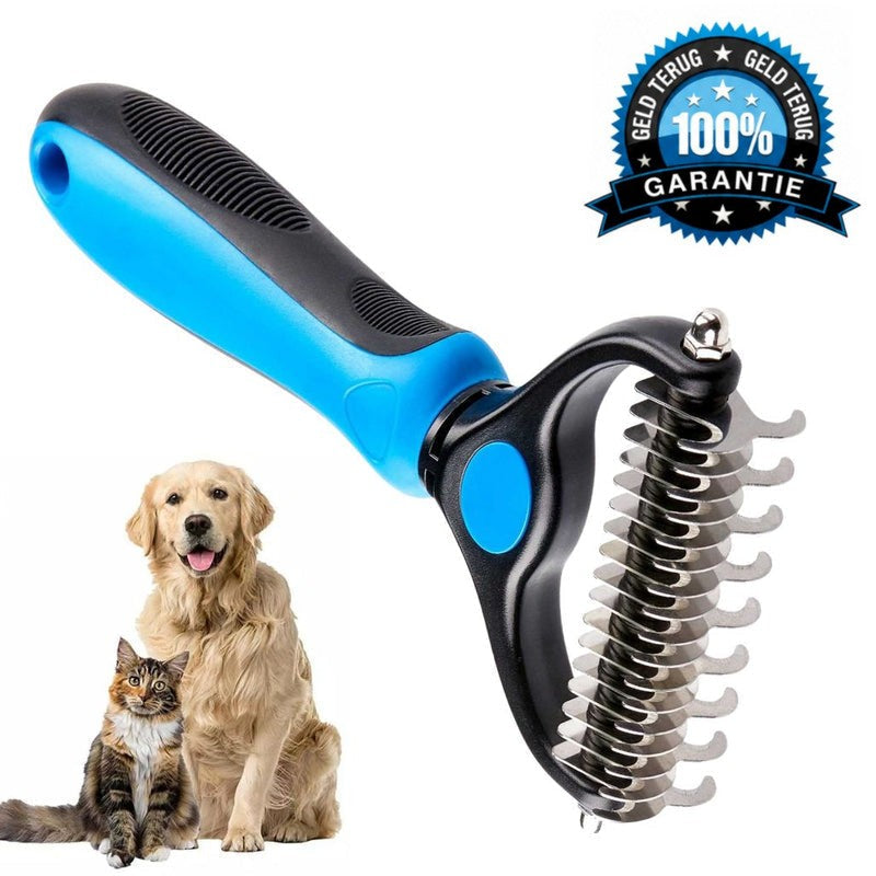 Blauwzwarte vachtkam schuin van opzij, met een golden retriever en een kat links ervoor. 4