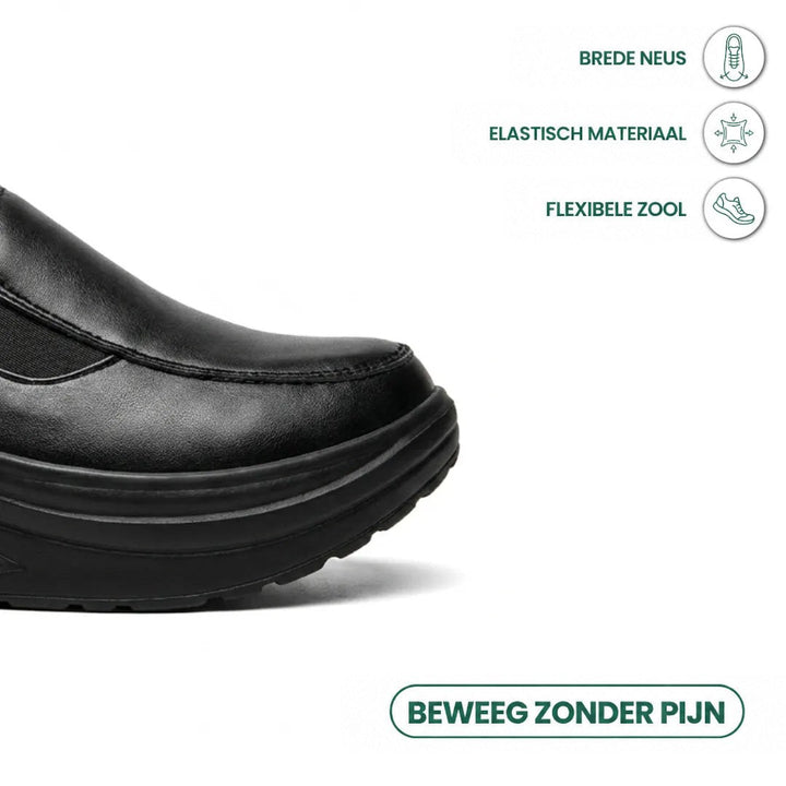 Detail van de brede zwarte neus met elastisch materiaal en flexibele zool, met kenmerkpictogrammen 5