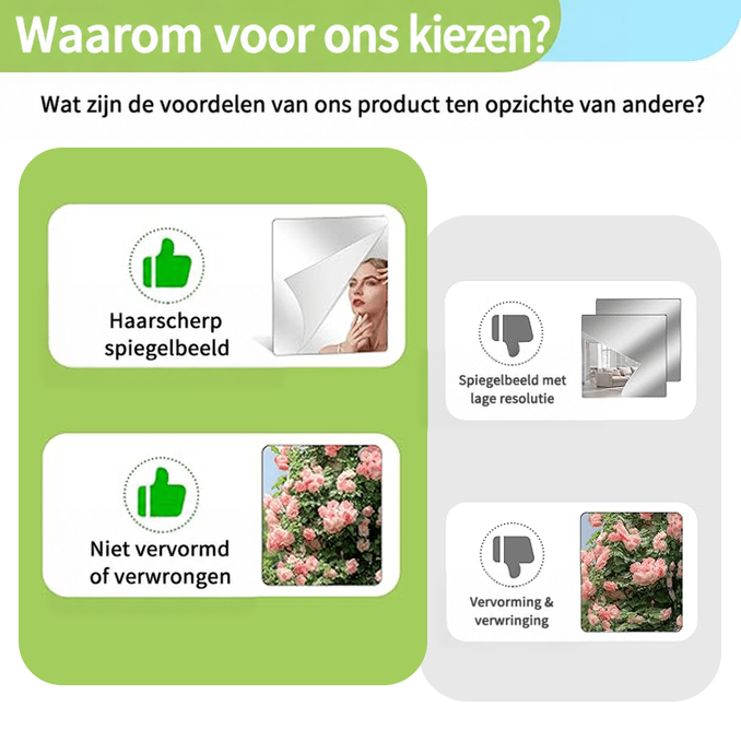 Vergelijking tussen heldere spiegelweergave zonder vervorming en een weergave met lage resolutie en vertekening, met een vrouwengezicht en rozen als voorbeeld. 10