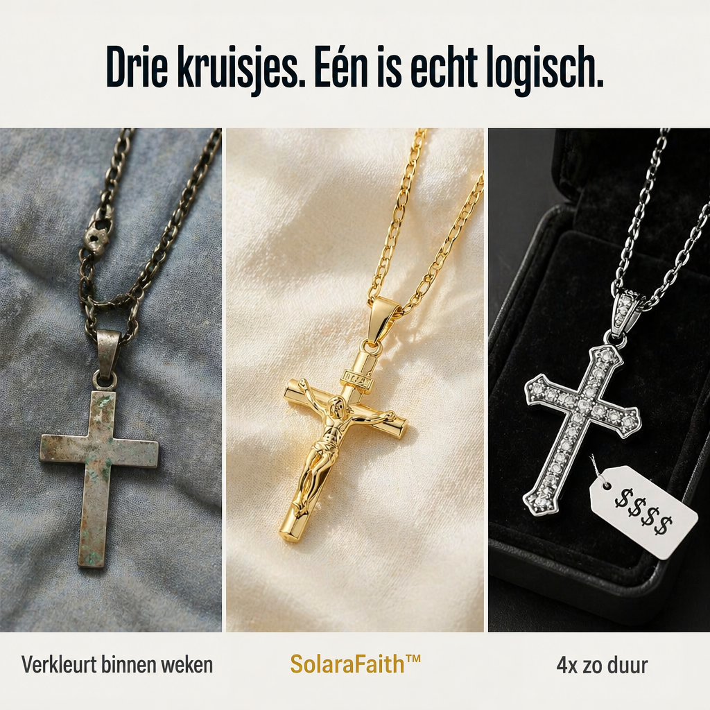 Collage van drie kruisen: een aangeslagen kruis, het gouden kruisbeeld op satijn en een zilveren kruis met stenen 5
