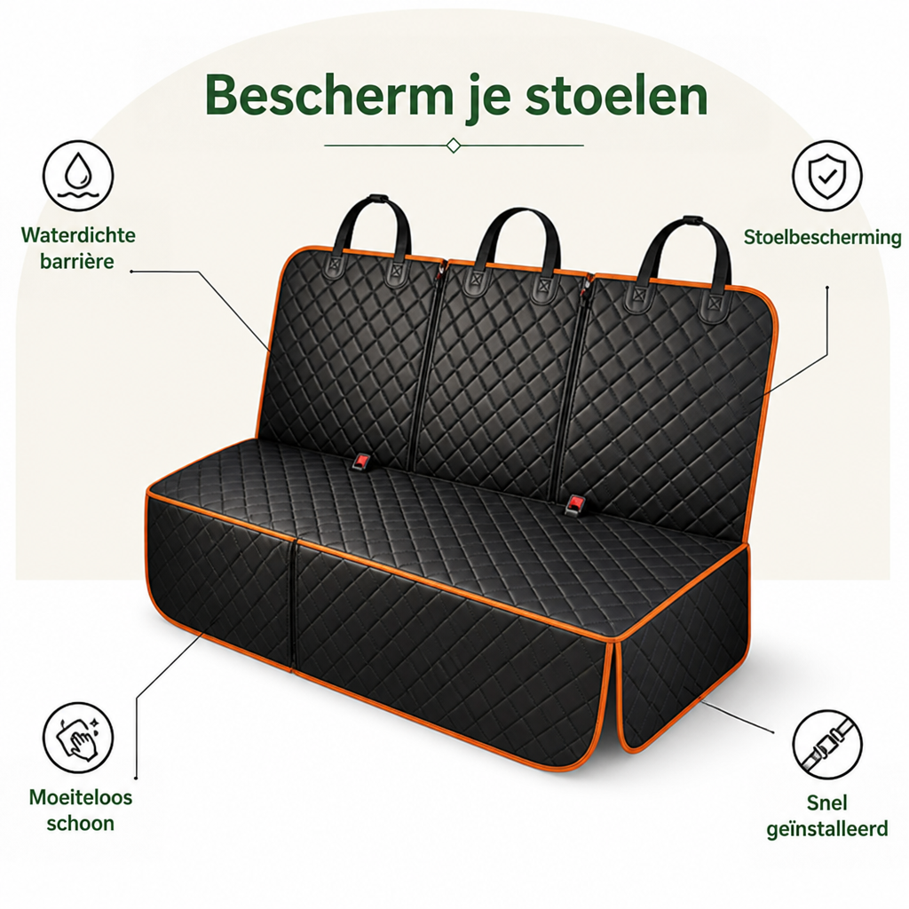 Productoverzicht van de zwarte gewatteerde achterbankhoes met oranje bies, drie ophanglussen, rode gespopeningen en zijflappen, met pictogrammen rondom. 2