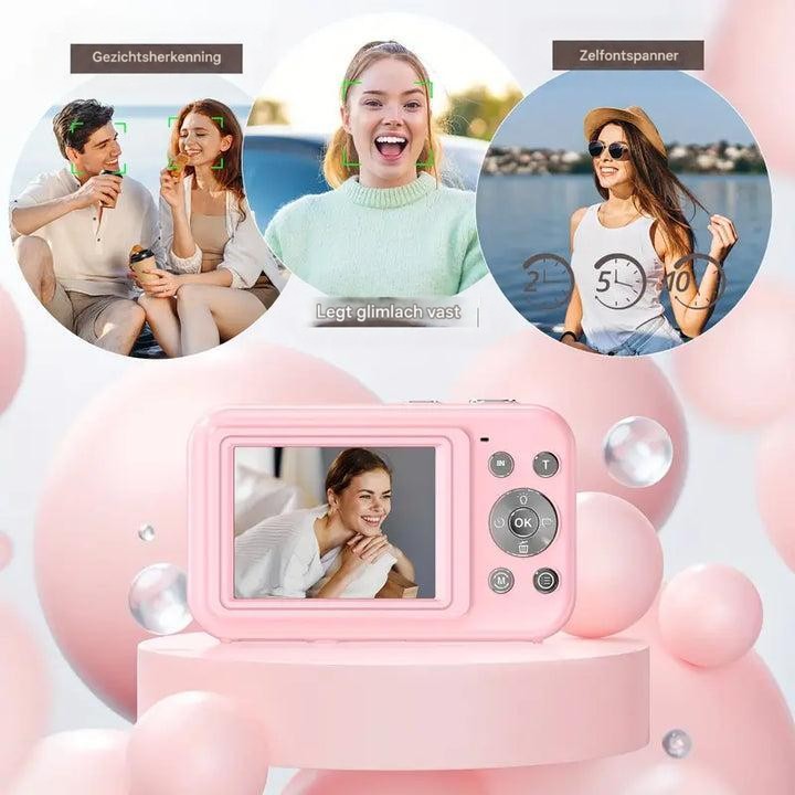 Roze camera met scherm op een voetstuk, omringd door voorbeelden van gezichtsherkenning, glimlachdetectie en zelfontspanner 6