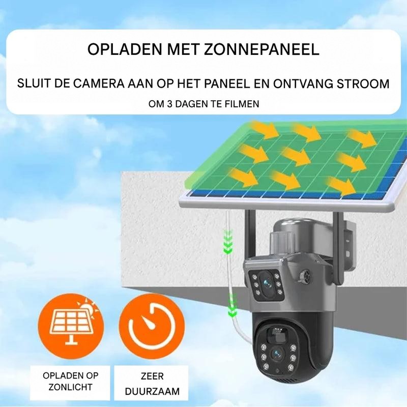 Camera aan een muur met pijlen die laten zien hoe het zonnepaneel de camera oplaadt 8