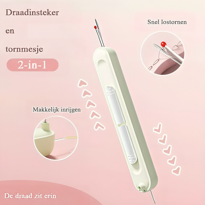 Lichtgroen 2-in-1 gereedschap met tornmesje bovenaan en twee uitvergrote cirkels met inrijden en tornen 1