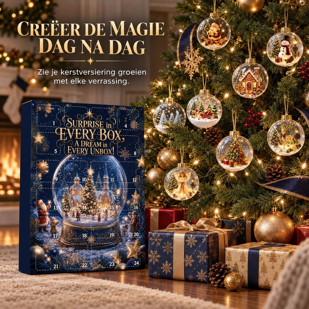 Adventskalender naast een kerstboom met verschillende doorzichtige ornamenten, met cadeaus eronder 5