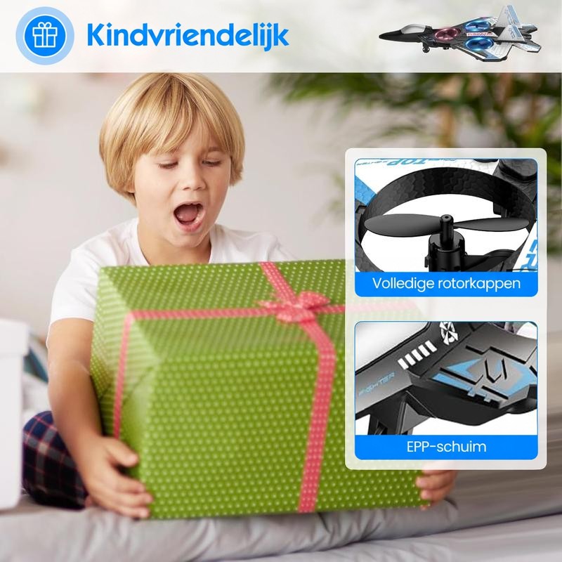 Verrast jongetje houdt een groen cadeaupakket met roze strik vast, met twee detailbeelden van rotorbeschermers en schuimmateriaal. 5