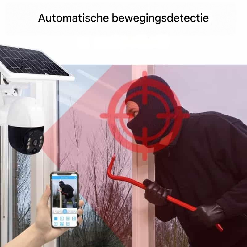 Persoon met bivakmuts en breekijzer bij een raam, gericht door de camera, met telefoon in de hand 12