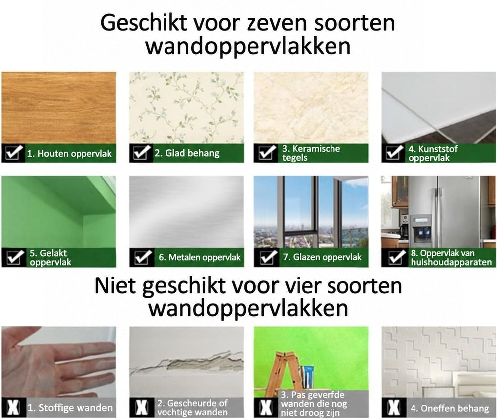Overzicht van oppervlakken waarop de spiegel past, zoals hout, behang, tegels, glas en metaal, en oppervlakken waarop hij niet past, zoals stoffige of vochtige 5