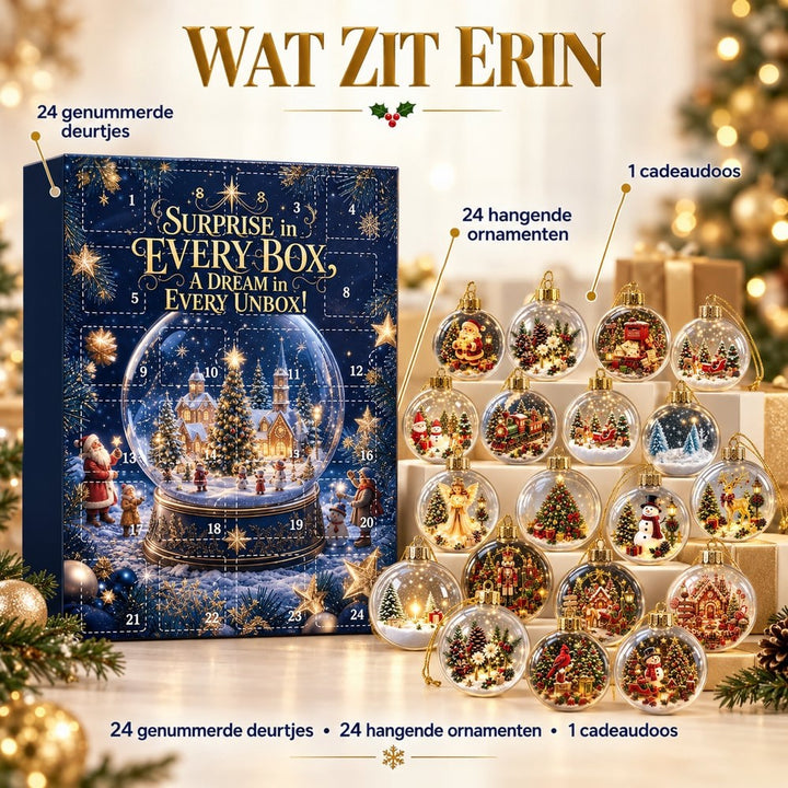 Adventskalender met genummerde deurtjes naast een uitstalling van alle vierentwintig hangende ornamenten en de geschenkdoos 8