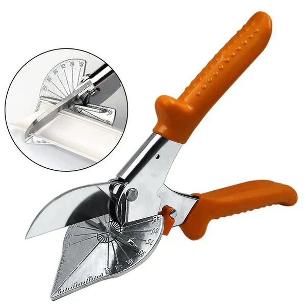 Hoekschaar met oranje handgrepen en hoekschaalverdeling, met een inzetfoto die het knippen van een witte strip toont 7