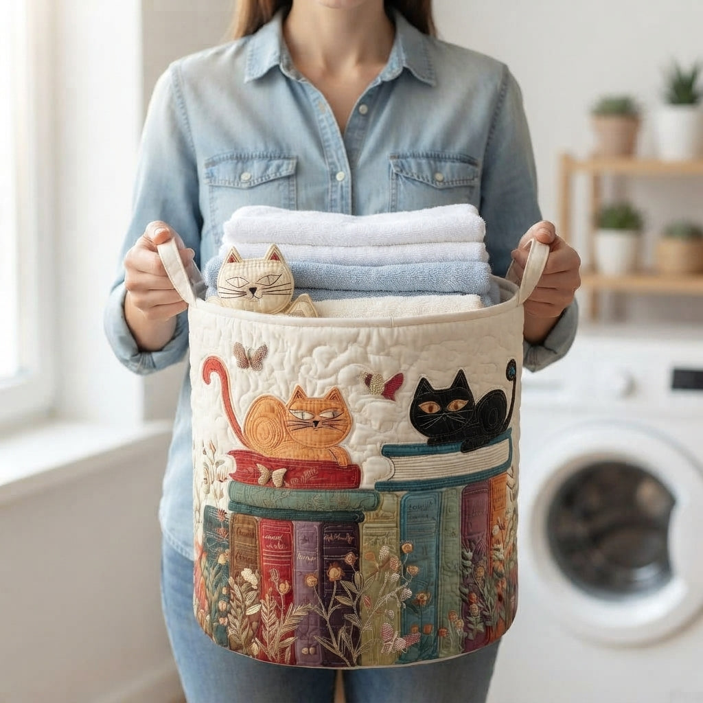Vrouw in spijkerblouse houdt de mand aan de handvatten vast, gevuld met opgevouwen handdoeken, voor een wasmachine. 4