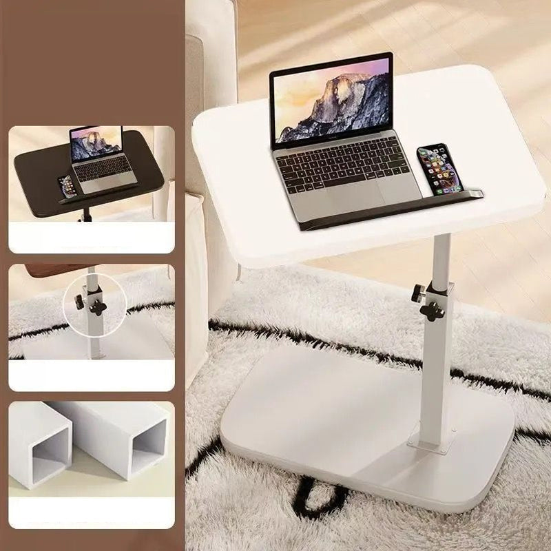 Wit laptopbureau met laptop en telefoon op een pluizig tapijt, met uitsneden van het bureau, de draaiknop en witte vierkante buizen. 6