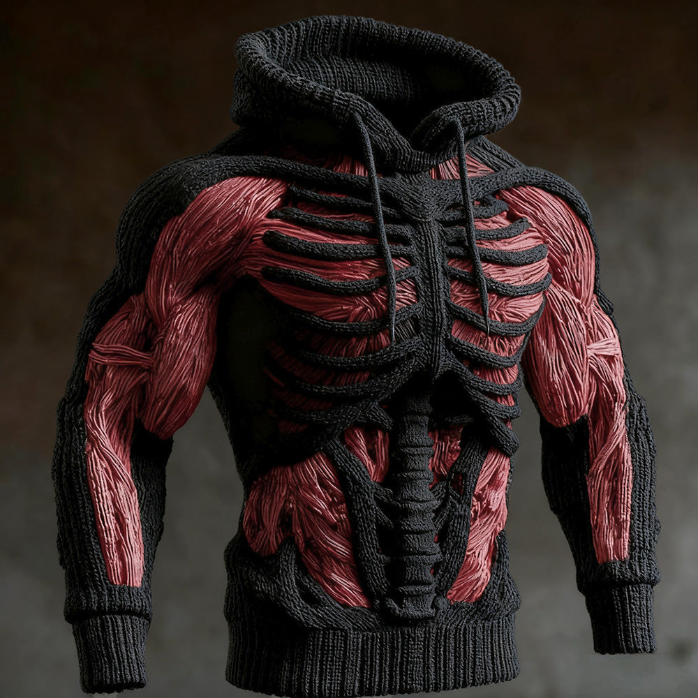 Zwarte versie van de gebreide hoodie met 3D ribbenkast, wervelkolom en rode spierstructuur op armen en buik. 2
