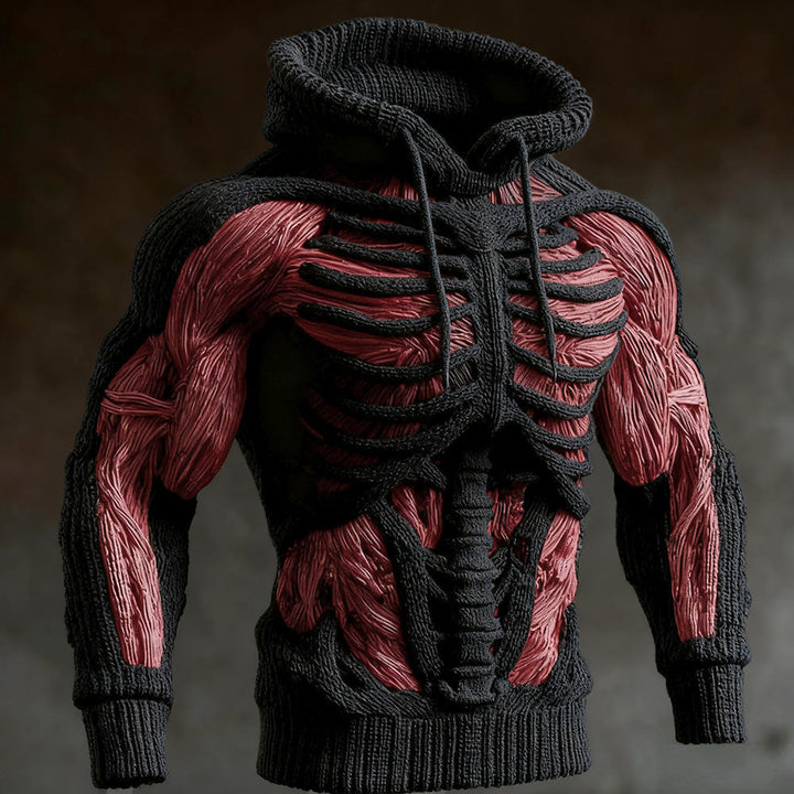 Zwarte versie van de gebreide hoodie met 3D ribbenkast, wervelkolom en rode spierstructuur op armen en buik. 2