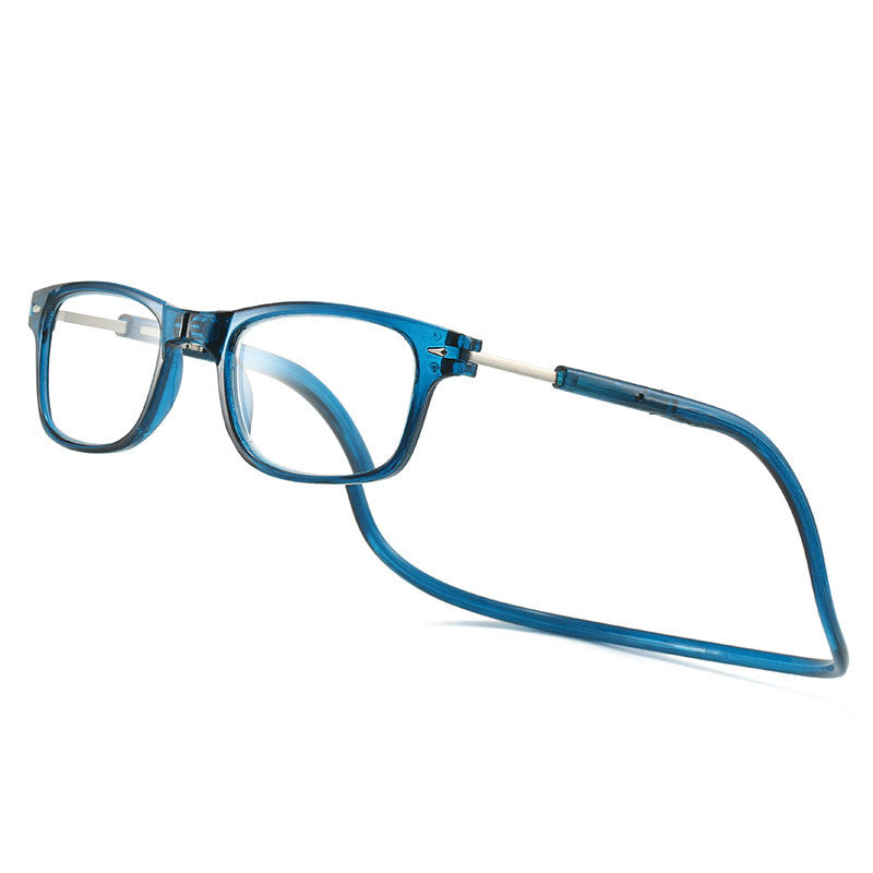 Leesbril met blauw montuur en blauwe nekband, schuin van voren gefotografeerd. 14