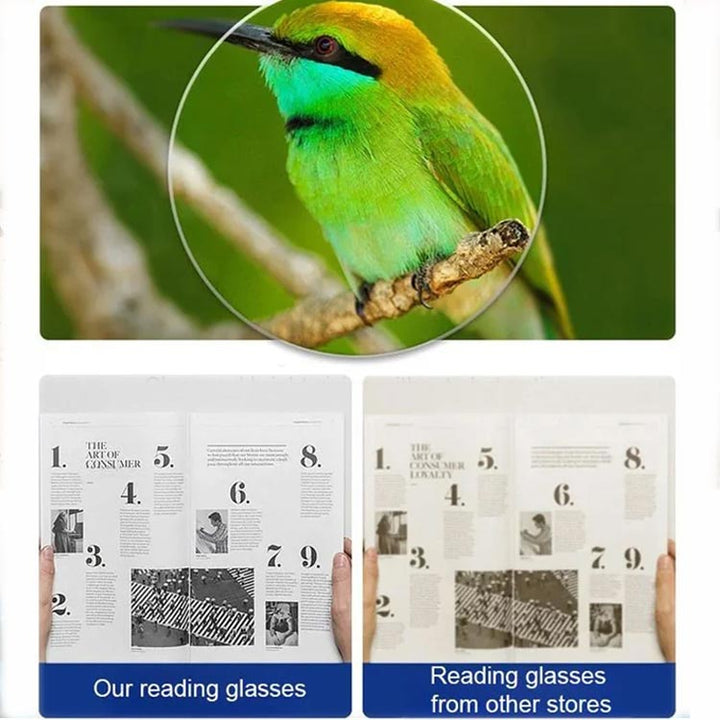 Vergelijking van scherpte: een heldere vogel en krant door de lens, naast een vager beeld met een andere bril. 8