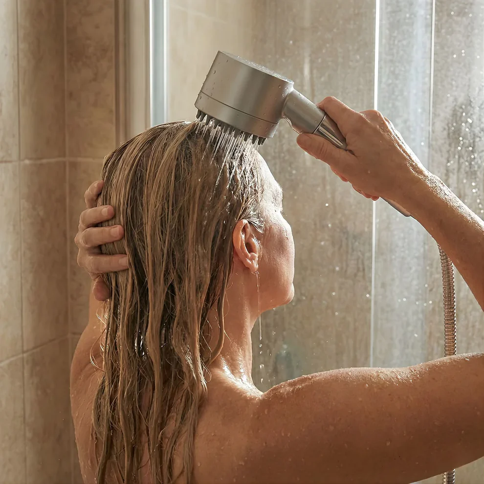 Vrouw met nat haar spoelt haar hoofd in de douche met de handdouche, waterstralen vallen op haar haar. 2