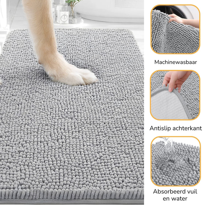 Grijze mat met close-ups van de wasbaarheid, de antislip achterkant en het absorberen van water, met een hondenpoot erop. 4
