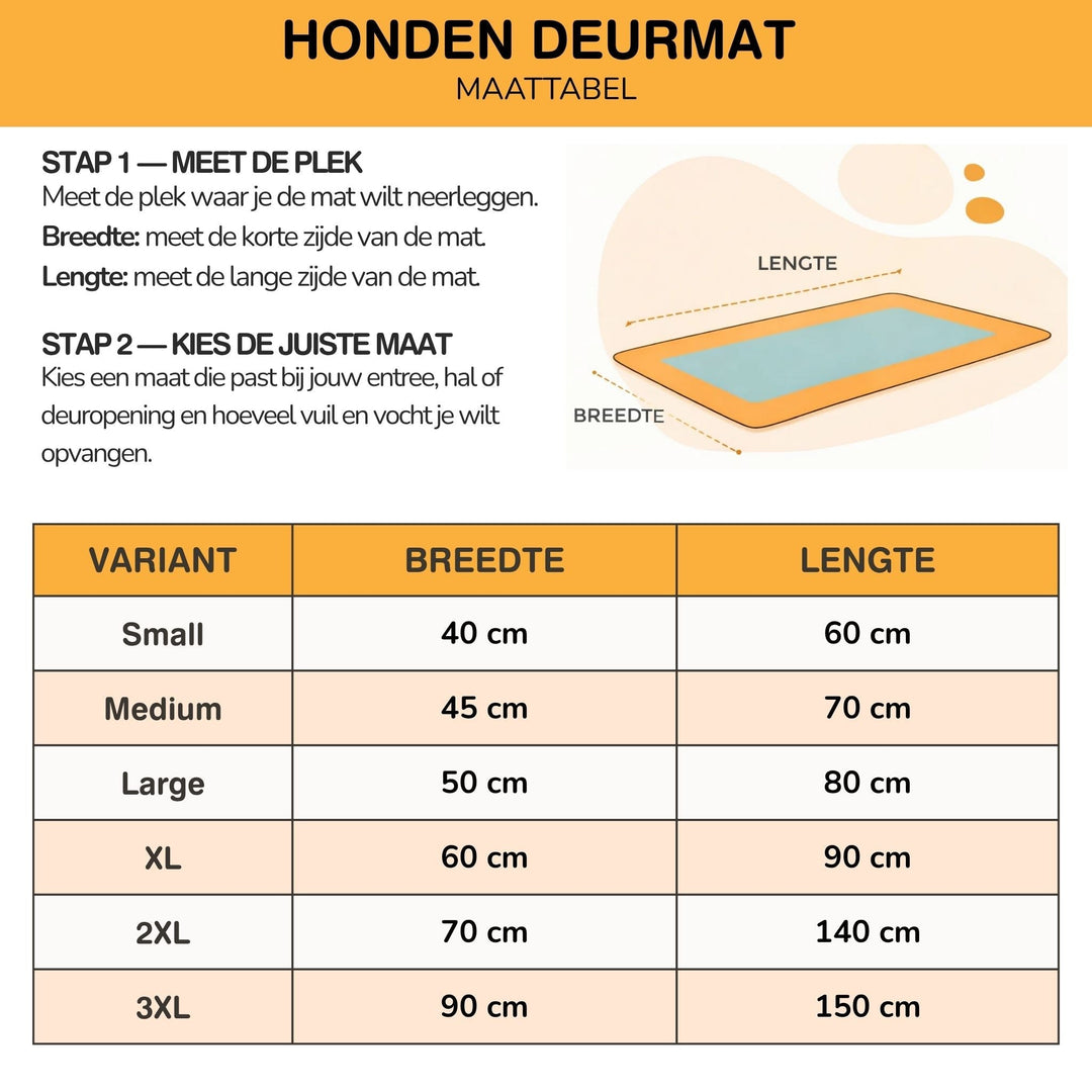 Maattabel met uitleg over het opmeten van breedte en lengte en zes maten van small tot 3XL. 9