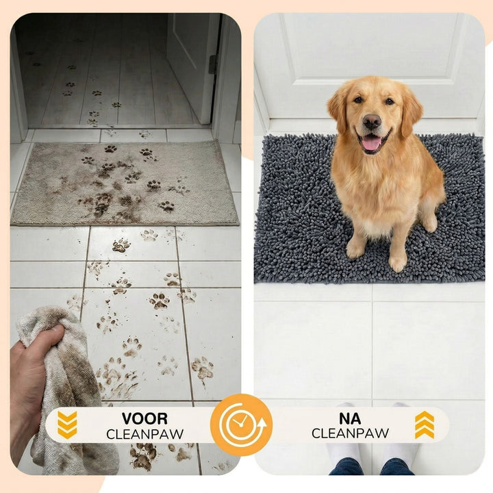 Voor-en-nabeeld: modderige pootafdrukken op de vloer en een schone grijze mat met een glimlachende hond erop. 6