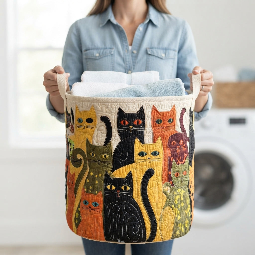 Vrouw in spijkerblouse draagt de gewatteerde kattenmand aan de handgrepen, gevuld met opgevouwen handdoeken voor een wasmachine. 3