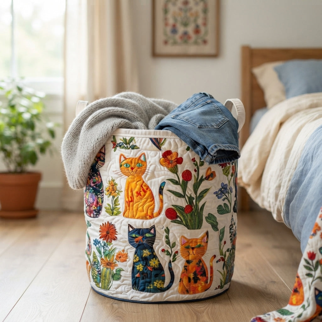 Mand met kattenmotief op houten vloer naast een bed, gevuld met een grijze trui en een spijkerbroek. 4
