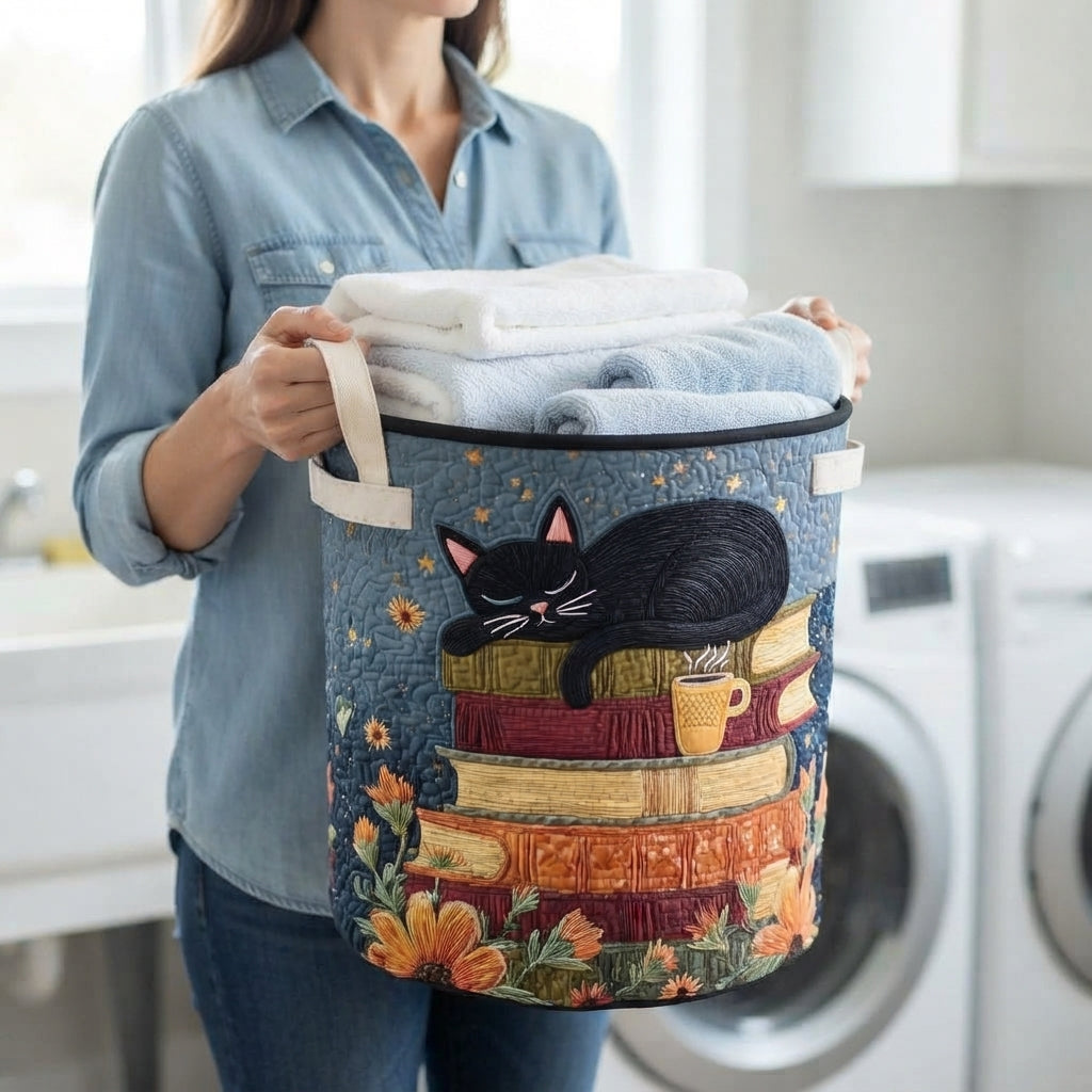 Vrouw in spijkerblouse draagt de mand aan de handgrepen, gevuld met opgevouwen handdoeken, voor een wasmachine. 3