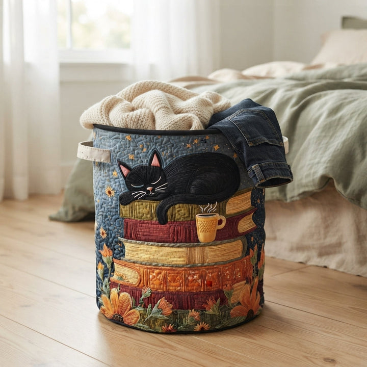 Mand op een houten vloer naast een bed, gevuld met een gebreide deken en een spijkerbroek. 4