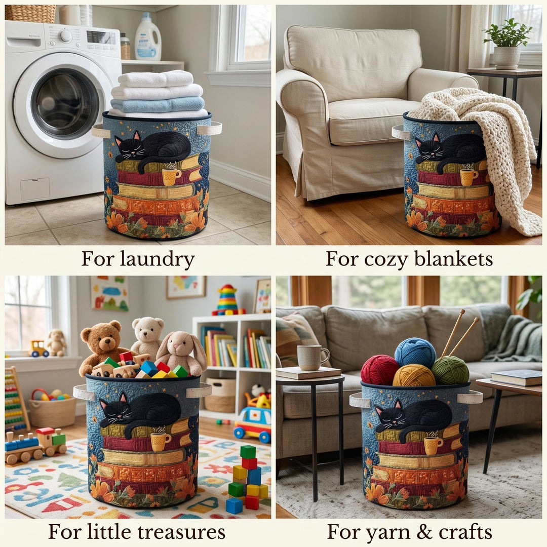 Collage van vier gebruiksmomenten: de mand gevuld met handdoeken in de wasruimte, met een plaid naast een fauteuil, met speelgoed en met bollen wol. 2