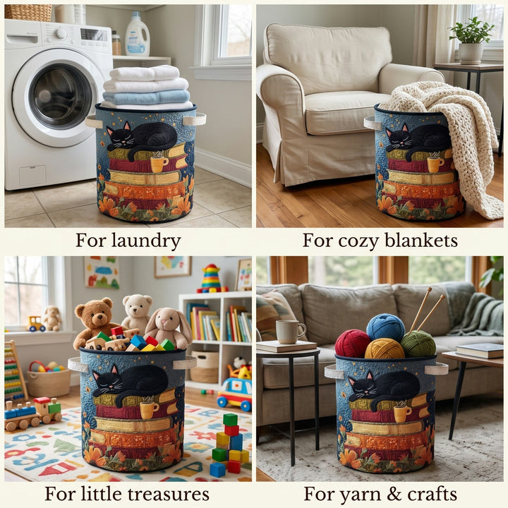 Collage van vier gebruiksmomenten: de mand gevuld met handdoeken in de wasruimte, met een plaid naast een fauteuil, met speelgoed en met bollen wol. 2