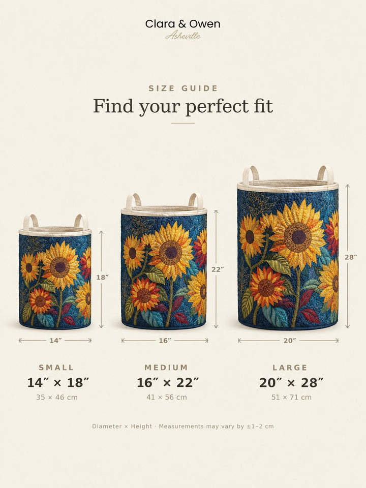 Maatoverzicht met drie manden met zonnebloemen in klein, medium en groot, met hoogte en diameter in inches en centimeters erbij. 5