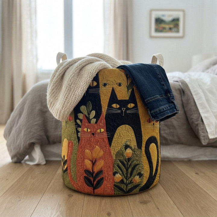 Mand met kattenprint gevuld met een gebreide trui en een spijkerbroek, op een houten vloer naast een bed. 4
