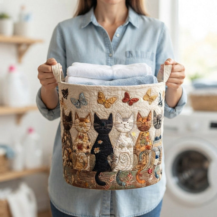 Vrouw in spijkerblouse draagt de mand aan de handgrepen, gevuld met opgevouwen handdoeken, in een wasruimte met wasmachine. 3