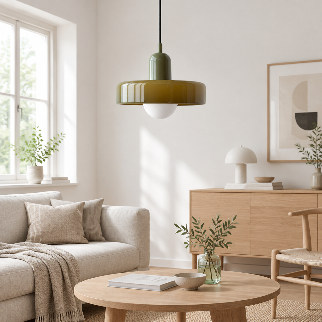 Olijfgroene hanglamp boven een ronde houten salontafel in een lichte, Scandinavische woonkamer 59
