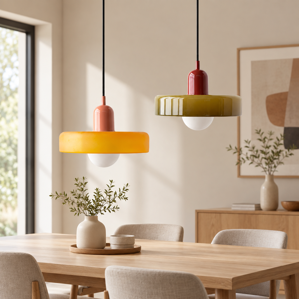 Twee hanglampen, een oranjegele met roze fitting en een olijfgroene met rode fitting, boven een eettafel 58