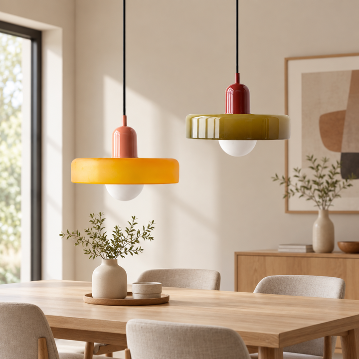 Twee hanglampen, een oranjegele met roze fitting en een olijfgroene met rode fitting, boven een eettafel 58