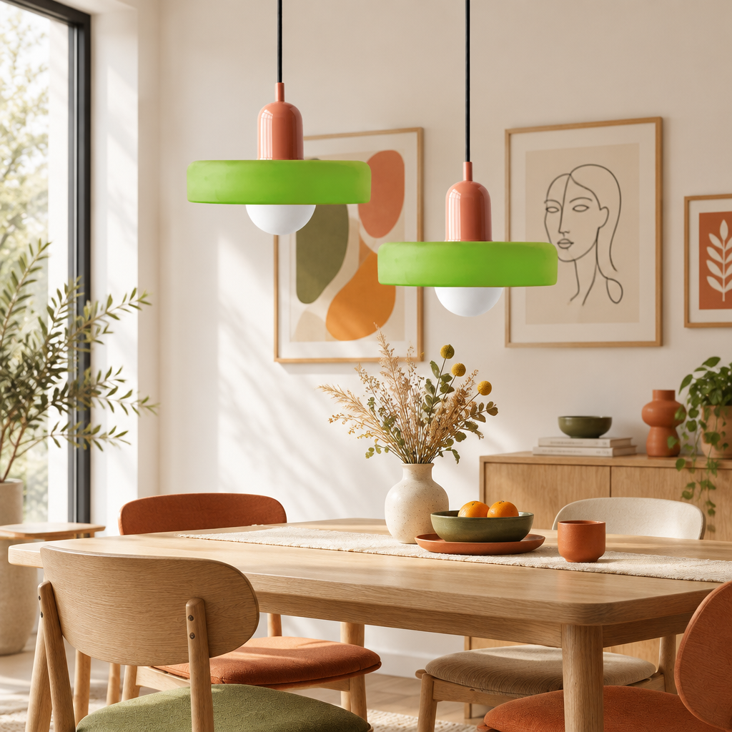 Twee felgroene glazen hanglampen met terracotta kap boven een houten eettafel in een zonnige eetkamer 1