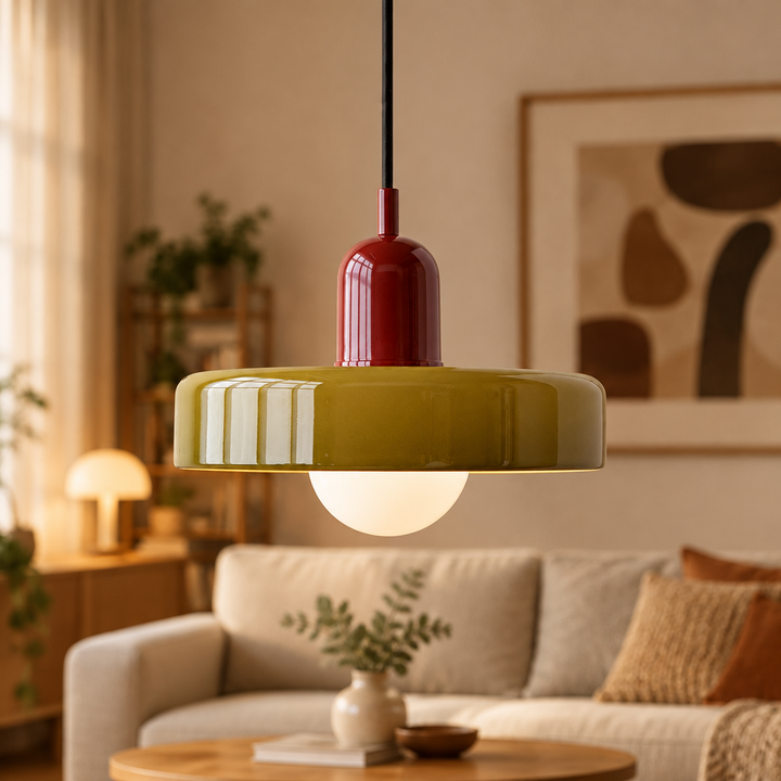 Brandende olijfgroene hanglamp met rode fitting in een woonkamer met bank en kussens 59