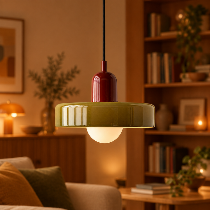 Brandende olijfgroene hanglamp met rode fitting in een gezellige kamer met boekenkast 60