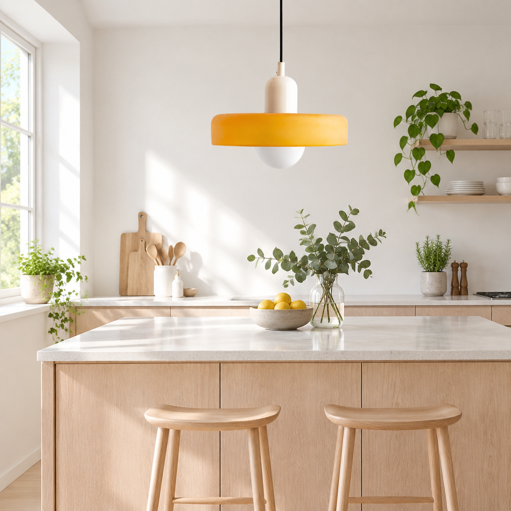 Hanglamp met oranjegele glazen kap boven een keukeneiland met barkrukken, citroenen en planten 1